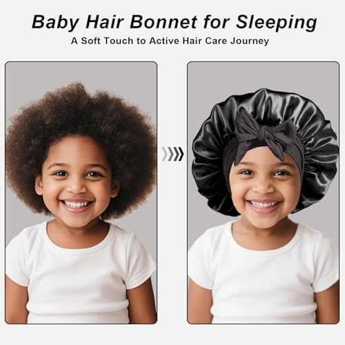 3 Pcs Kids Silk Bonnet for Sleeping - Baby Satin Bonnet for Sleep,Kids Hair Bonnets for Curly Hair Girls Boys with Wide Elastic Band,Sleeping Cap for Teens Toddler Child (Pink+Black+Light Blue) - Image 5