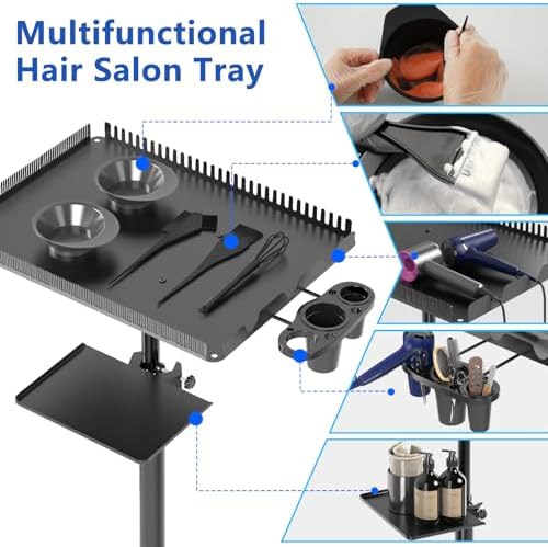 ZHOOGE Hairstylist Rolling Cart, Salon Trolley With Storage Platform and Hair Separator Stand, Coloring Tray With Dye Bowls and Tools, Black - Image 3