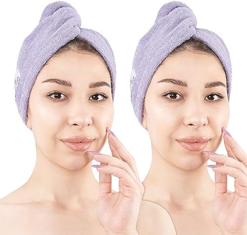 American Soft Linen 100% Cotton Hair Towels for Women, Head Towel Cap, Cotton Hair Turban Towel Wrap for Long Curly Anti Frizz Hair, Soft and Absorbent Cotton Hair Towels 2 Pack, Lilac by AmericanSoftLinen