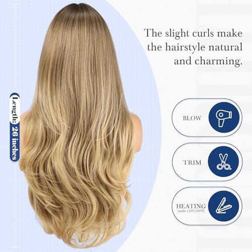 HAIRCUBE Long Blonde Mixed Brown Wig with Bangs Layered Curly Wigs for Women Natural Synthetic Wigs for Daily Use (pelucas de cabello natural) - Image 5