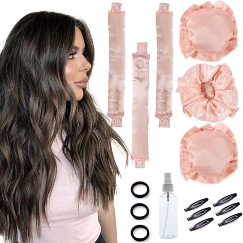 3 Sets Overnight Heatless Curls Blowout Rods Silk Hair Curlers to Sleep in Satin Heatless Curling Set Zero Heat Bun Bons with Bonnet Cap No Heat Headband Roller Wrapper FPink by CLIONE