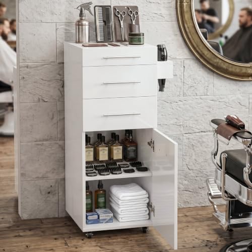 OmySalon Salon Cart with Wheels, Hair Styling Station Trolley with 3 Drawers, Adjustable Shelf & Hair Dryer Holder, Mobile Beauty Cabinet for Barber, Spa, Nail Salon, Upgrade White - Image 2