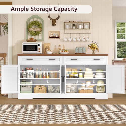 usikey 63" Buffet Cabinet with Storage, Sideboard Cabinet with 2 Adjustable Shelves and 4 Doors, Modern Farmhouse Coffee Bar Cabinet for Kitchen, Living Room, White - Image 5