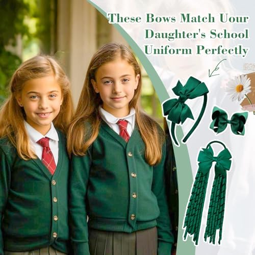 DEEKA Dark Green School Hair Accessories Set 13 Pcs Uniform Hair Bow Headband Clips Hair Ties Curly Korker Bows for Little Toddler School Girls (Dark Green) - Image 3