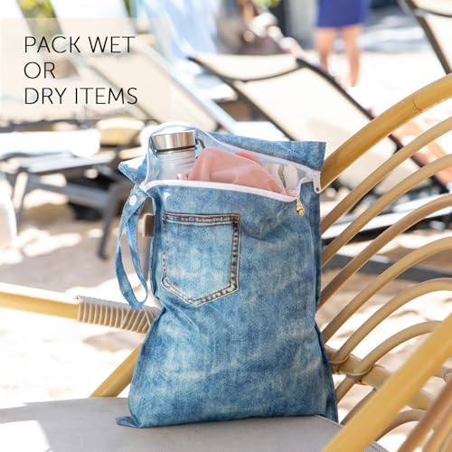 Bumkins Roamio Waterproof Wet Bag for Baby, Travel, Swim Suit, Cloth Diapers, Pump Parts, Pool, Beach, Gym Clothes, Toiletry, Hook to Stroller, Daycare, Zipper Wetdry Packing Pouch, Faux Pocket Denim - Image 3