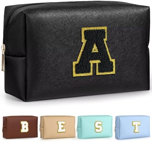 TOPEAST Initial Makeup Bag, Personalized Initial Bags with Zipper, Cute Makeup Pouch, PU Leather Waterproof Cosmetic Bag, Birthday Gift for Women, Preppy Things for Girls (Black A) by TOPEAST