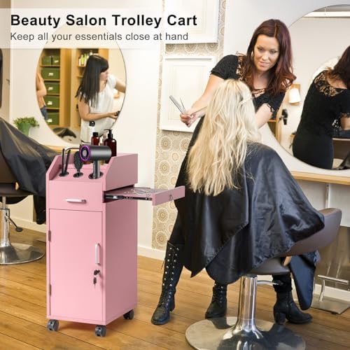 Winado Salon Trolley Cart with 4 Trays, 3 Hair Dryer Holders, Pink - Image 2