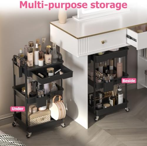 REBECAT 3 Tier Rolling Makeup Cart Cosmetic Display Organizer with Drawer - Image 3