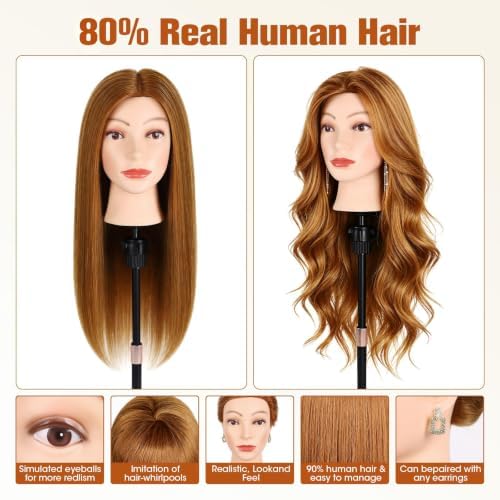 80% Human Hair Mannequin Head,26''Golden Brown Real Hair Mannequin Head,Cosmetology Manikin Head Doll Hair Styling Hairdressing Practice Training Wig Head with Clamp Holder and Tools - Image 4