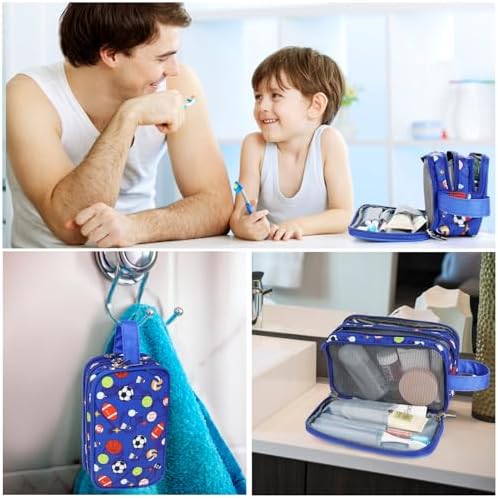 Kids Toiletry Bag for Boys, Travel Toiletry Bag for Little Young Boys Waterproof Hanging Wash Bag Toddler Traveling Toiletries, Soccer Balls Blue - Image 6