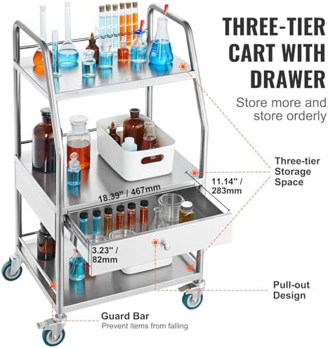 VEVOR Stainless Steel Utility Cart with 3 Shelves & 1 Drawer, 360 Swivel Casters, 220lbs Capacity - Image 6