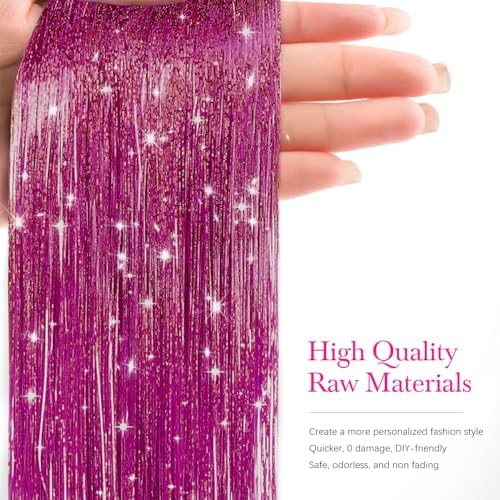 Hair Tinsel 8 Packs 1600 Strands 50 Inch Tinsel Hair Extensions Rose Red Heat Resistant Glitter Sparkling Shinny Fairy Hair Accessories for Women(Rose Red, 50Inch) - Image 2