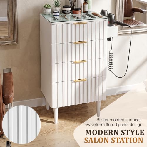 OmySalon Salon Station, Barber Station for Hair Stylist, Storage Cabinet with Glass Top & Drawers & Heat Resistant Dryer Holders, Modern Retro Style (White) - Image 6