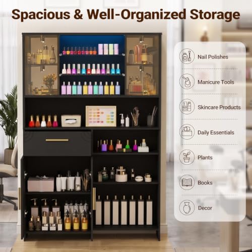 Professional Nail Storage Cabinet with LED Display Shelf (Black) - Image 3