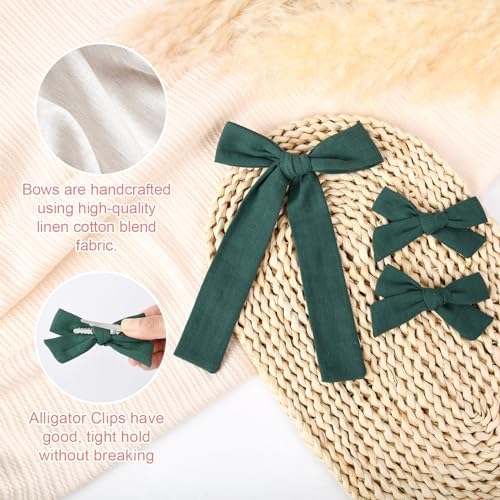 DEEKA Dark Green Cotton Linen Hair Bows 2 Sizes 5"&3.5" Soft Hair Bow set for Toddler Girls Long Ponytail Knot Bows Alligator Clip Hair Accessories for Little School Girls (Dark Green) - Image 2