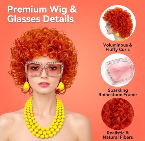 Short Orange Red Curly Costume Wig and Jewelry Set with Sunglasses for Women Adults 70s Retro Housewife Cosplay Halloween Party Accessories (Yellow Beads) - Image 2