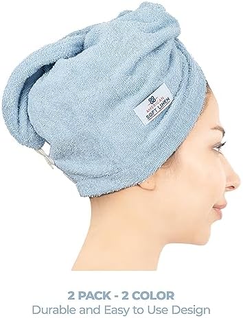 American Soft Linen 100% Cotton Hair Towels for Women, Head Towel Cap, Cotton Hair Turban Towel Wrap, Soft and Absorbent 2 Pack, Light Gray-Sky Blue - Image 4