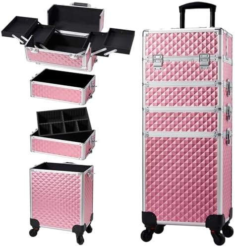 Stagiant Rolling Makeup Train Case Cosmetology Case on Wheels 4 in 1 Large Cosmetic Organizer Box Makeup Travel Case with Key Swivel Wheels Nail Artist Salon Storage Traveling Cart Big Trunk Pink by Stagiant