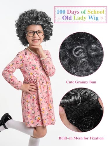 URATOT 5 Pieces Halloween Old Lady Wig Costume Set Grandma Wig Hair Rollers Glasses Chain Necklace Bracelet - Image 5