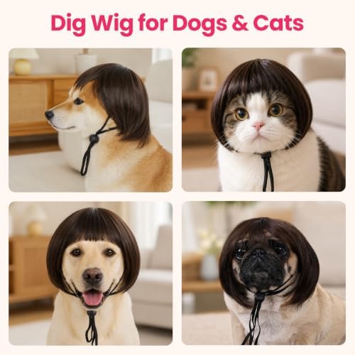 Funny Dog Wig, Short Straight Hair Pet Costume with Bangs for Halloween - Image 4