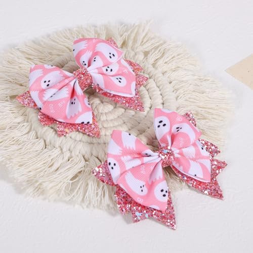 Halloween Pink Ghost Hair Bow Clips for Girls, 2 Pack 3.5" Glitter Hair Ribbon Bow Alligator Clips for Toddler Teens Kids Women Trick or Treat Party Costume Dress Accessory Gift - Image 2