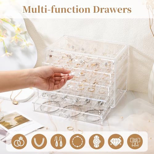 Ewen 5 Drawer Large Jewelry Organizer Box, Clear Acrylic 24-grid Jewelry Storage Boxes with Empty Jewelry Tray, Display Case for Rings, Necklaces, Bracelets and Hair Accessories, Gift for Mother Wife - Image 5