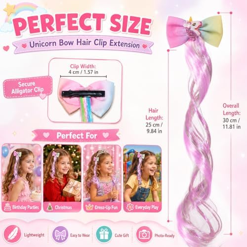 Ideal Swan 6 Set Hair Extensions Clip - Colored Straight Curly Hair Extensions for Kids Ponytails Girls, Rainbow Thick Wig Clip in Fake Bangs with Cute Unicorn Accessories (Curly Hair 02) - Image 5