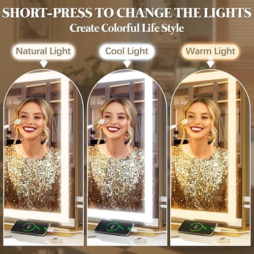 FENNIO Vanity Mirror with Lights 32"x22", Lighted Makeup Mirror, Large Vanity Mirror, Touch Sensor with 3-Color Lighting, 10X Magnification and USB Charging Port for Vanity Desk（Square Gold） - Image 2