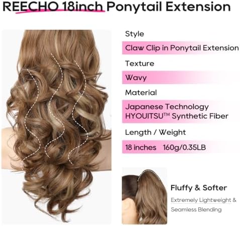 REECHO Ponytail Extension, 18" Clip in Ponytail Hair Extensions for Women, Short Wavy Synthetic Pony Tail Hairpiece for Daily Wear Cheer Dance,Light Brown with Highlights - Image 2