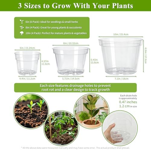 Gute 6/8/10 Inch Clear Nursery Pots with Drainage Holes (14 Pack), Reusable Plastic Plant Pots for Indoor & Outdoor Gardening, Ideal for Seedlings, Succulents, Vegetables, Orchids & More - Image 2