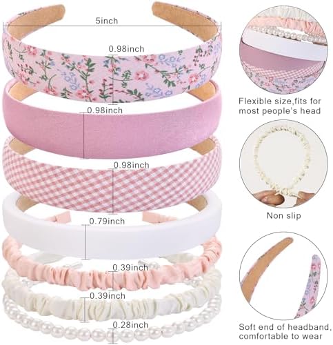 7 Pcs Headbands for Women Girls, Non Slip Cute Pearl Floral Padded Vintage Wide Fashion Multi-style Headbands for Girls - Image 2