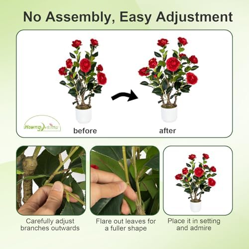 2 Pack Artificial Camellia Tree with White Pot, 24" Faux Potted Plants for Indoor Outdoor Decor, Tall Silk Greenery Plant for Home Office Living Room Balcony, Red - Image 6