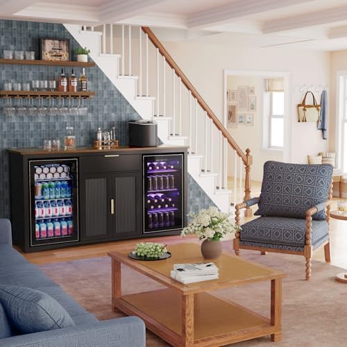 GDLF 70.1" Coffee Bar Cabinet with Fridge Space, Fluted Sideboard,Black - Image 4