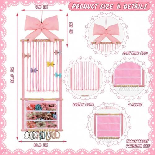 Back to School Pink Hair Bows Holder Headband Organizer for Girls Long Baby Hair Clips Accessories Display Storage Hanging Wall Decor with Hooks Gift for Nursery Toddler Girls Room(Clear Pocket) - Image 3