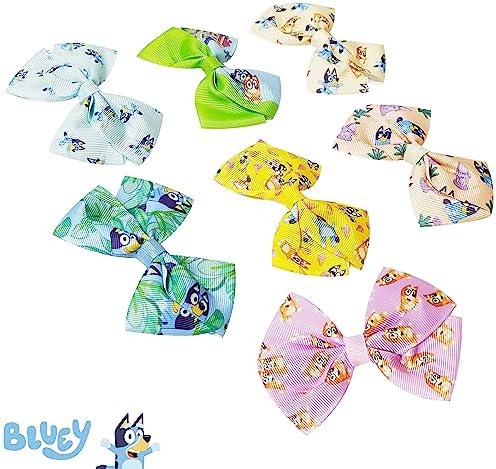 Bluey Kids Hair Bows - Hair Accessories Gift Set - Bluey Hair Bow - 7 Pcs 4 Inch Bow Bundle - HairBows for Girls - Different Bluey print on each clip - Alligator Clip - Ages 3 + - Image 2
