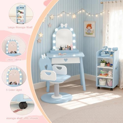 Wooden Kids Vanity Table and Chair Set with Light and Mirror, Princess Makeup Vanity Desk with Barber Chair and Rolling Cart, Pretend Hair Salon Play Set, Toddler Vanity Set for Girls, Blue - Image 4