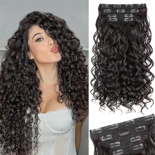 Vigorous Curly Clip In Hair Extensions,4PCS 20 inch Thick Curly Hair Extensions Lace Weft Clip Ins Invisible Natural Synthetic Hairpieces for Women,Black Brown(4/4K) by Vigorous