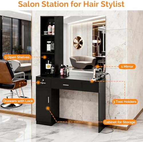 OmySalon Salon Station with Mirror, Locking Barber Station for Hair Stylist, Wall Mount Cabinet with Hair Dryer Holders & Open Shelves, for Barbershop Beauty Spa, Black - Image 3