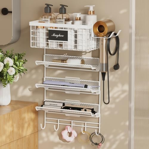 Magheo Hair Dryer Holder Wall Mounted, Adheisve Hair Tool Organizer for hair Brush/Appliance Wall Mount with 5 Tier Shelf Basket Hooks Blow Dryer and Straightener Holder for Bathroom(White) by MAGHEO