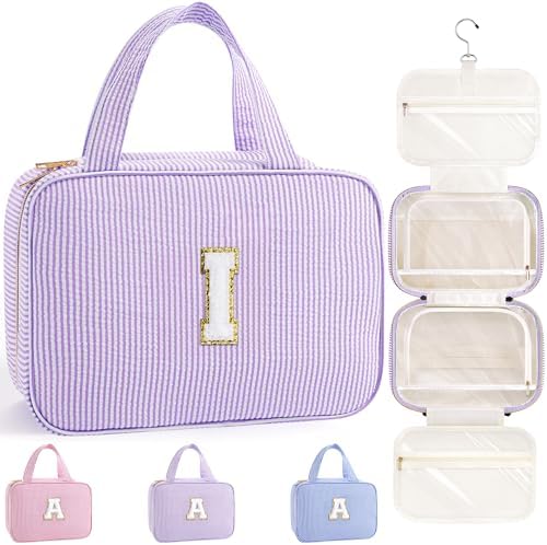 TOPEAST Travel Toiletry Bag for Women - Hanging Toiletry Bag Makeup Bag, Portable Toiletries Cosmetic Bag, Airplane Travel Essentials - Letter I, Purple by TOPEAST