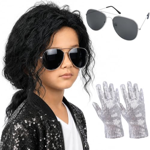 Kids Black Ponytail Wig with Glasses & Gloves for 80s Disco Rock Costume by PUREHAIRDIRECT