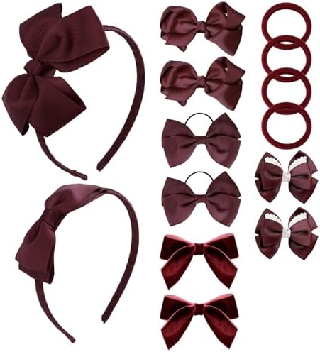 phnydreg Girl Dark Red Hair Bow Accessories 14 Pieces Uniform Hair Bows Hair Clips Headband for School Toddler Girls by phnydreg