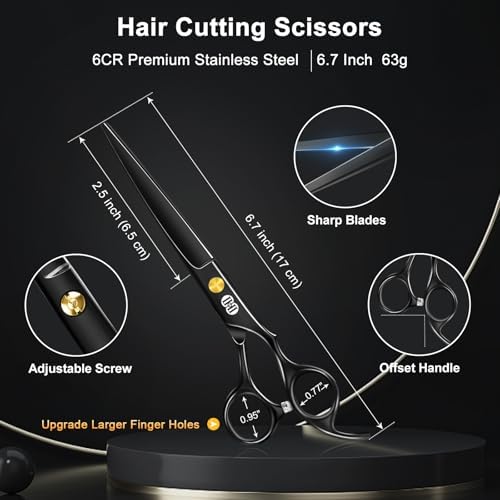 CIICII Hair Cutting Scissors Shears Kit, 6.7″ Barber Scissors Set (Black) - Image 2
