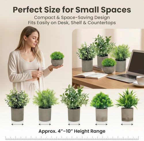 Artificial Potted Plants Set of 5, Realistic Faux Greenery in Cement Pots for Home Office Desk Bookshelf Decor, Small Fake Plants for Indoor Tabletop Decoration - Image 3