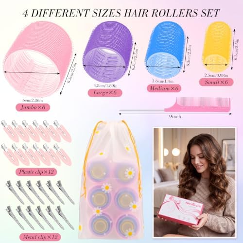4 Sizes Heatless Rollers Hair Curlers Set with Clips Comb, 4 Colors - Image 2