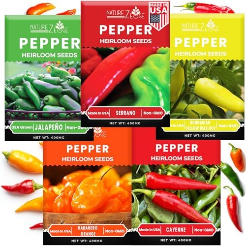 Hot Pepper Seeds for Planting, Cayenne, Hungarian Yellow, Jalapeno, Serrano, Habanero Orange, Heirloom Pepper Seeds Variety Pack, NonGMO, Made in USA by NatureZEdge