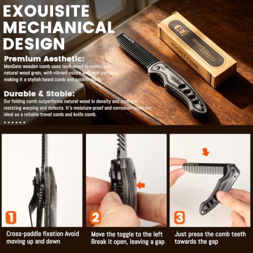 1PC Wooden Beard Comb for Men - Folding & Secure Lock & Pocket clip, 0.12lb - Image 4