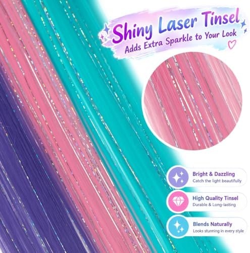 Colored Hair Extensions Mix Tinsel, Clip in Glitter Mermaid Hair for Girls - Image 3