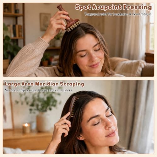 SIMPOR 2 in 1 Brass Copper Meridian Massage Tool Set, 29 Teeth Meridian Massage Brush & Wide Tooth Scalp Massage Comb, Sandalwood Handheld Massager for Head Neck Shoulder Abdomen Home SPA Self Care - Image 5