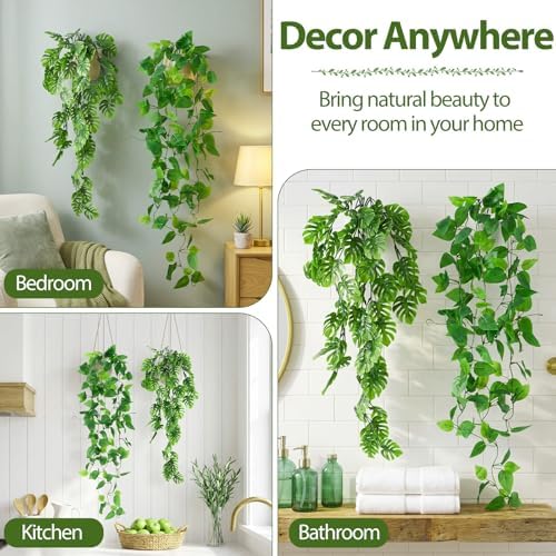 Daifunli 12 Pcs Artificial Hanging Plants Fake Hanging Ferns Plastic Fake Plant for Wall Room Garden Garland Indoor Outdoor Decor No Basket (Monstera Vine,Ivy Vine) - Image 3